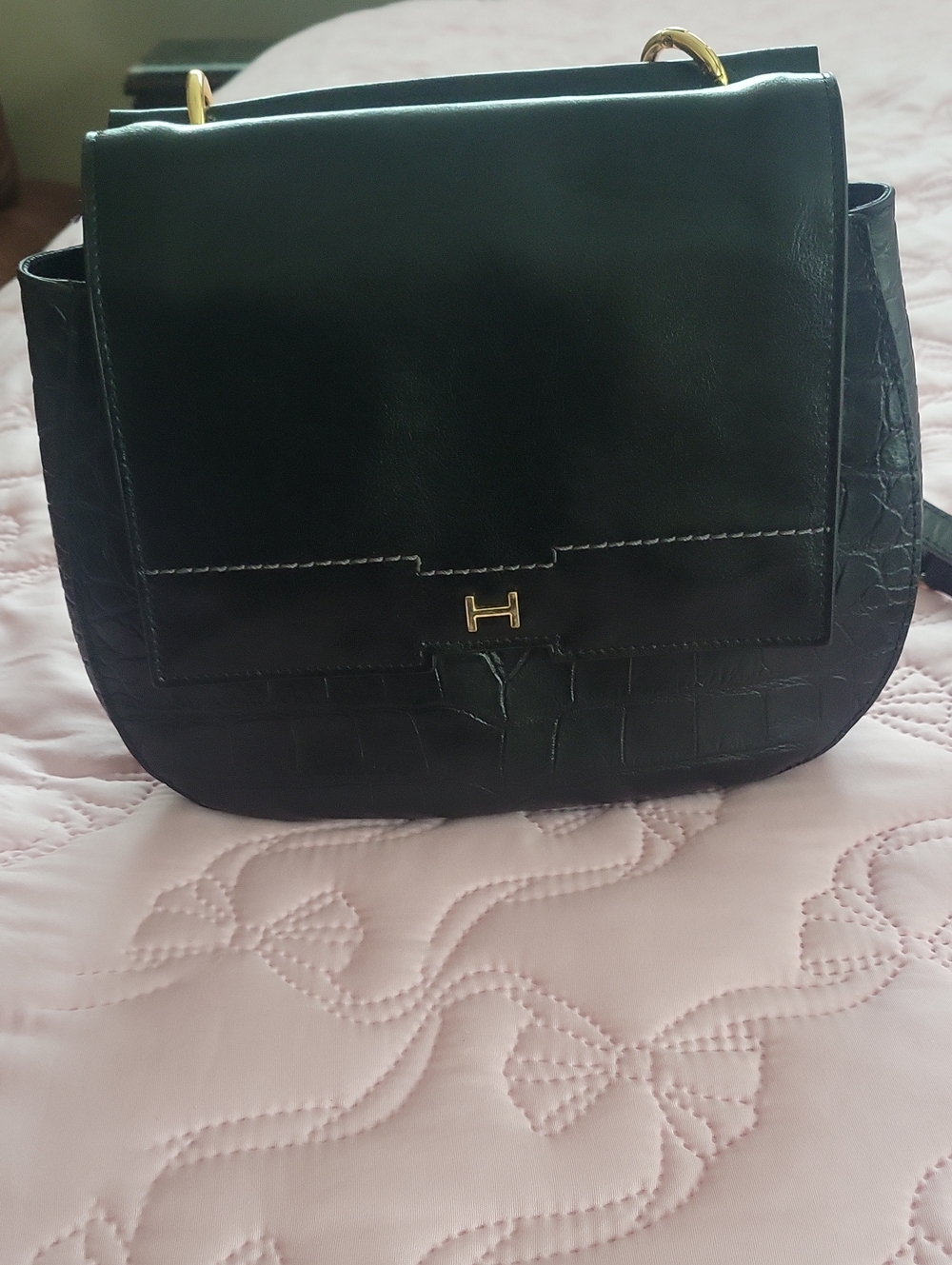 Black Croc-Texture Shoulder Bag with Gold H Hardware